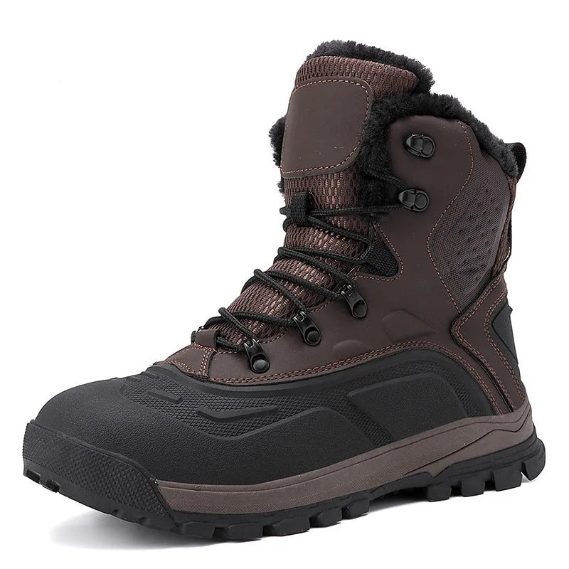 Men's black high-top lace-up winter boots with fleece lining, shown on a size 45 foot.