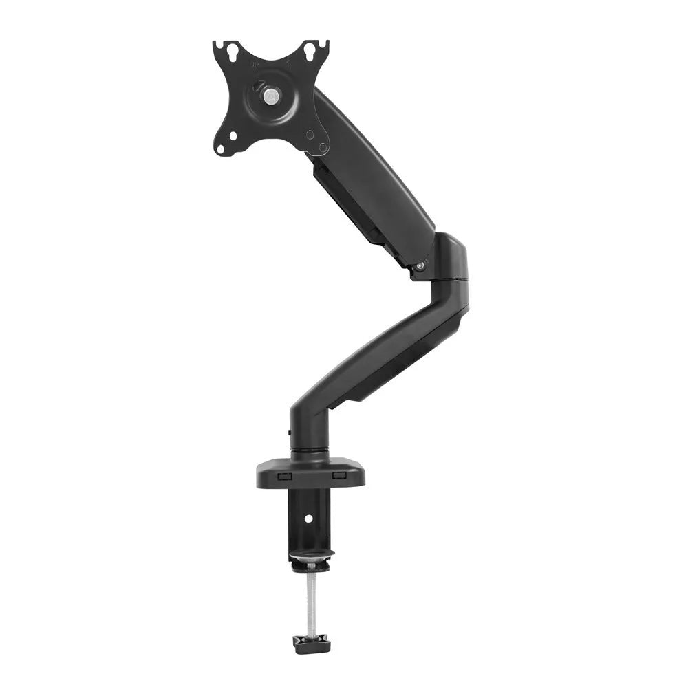 Black LCD screen rotating telescopic bracket elevated on a desk next to a monitor
