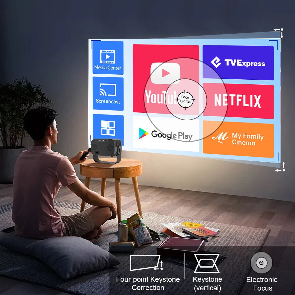Black portable smart projector with remote control showing HD 1280x720 resolution and Android compatibility
