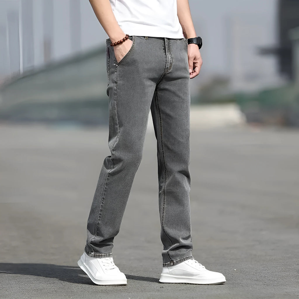 Men's smoky grey straight fit jeans with rabbit fur fabric and zipper fly front