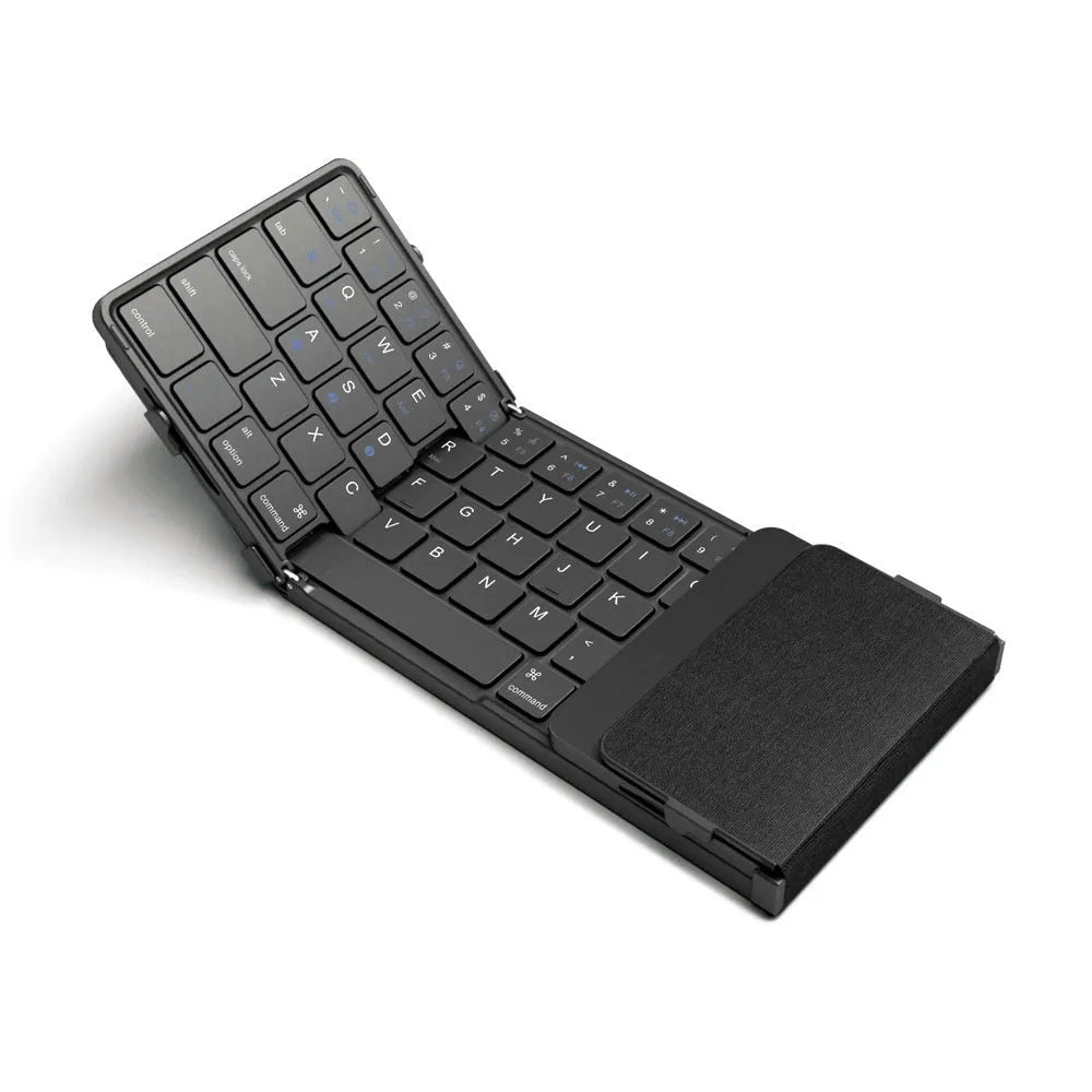 Black folding Bluetooth keyboard for mobile phones and tablets showing folded and unfolded positions