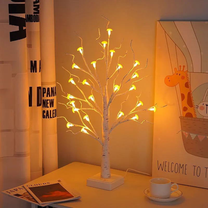 60cm tall mushroom tree lamp with birch trunk and 24 detachable mushroom flowers emitting warm white light
