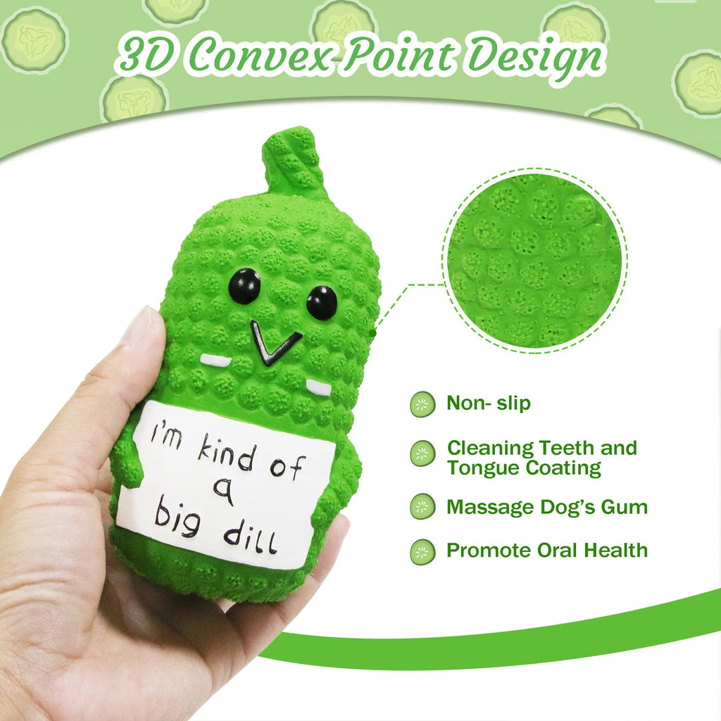 Green pickle-shaped squeaky dog chew toy with textured nubs on natural latex surface