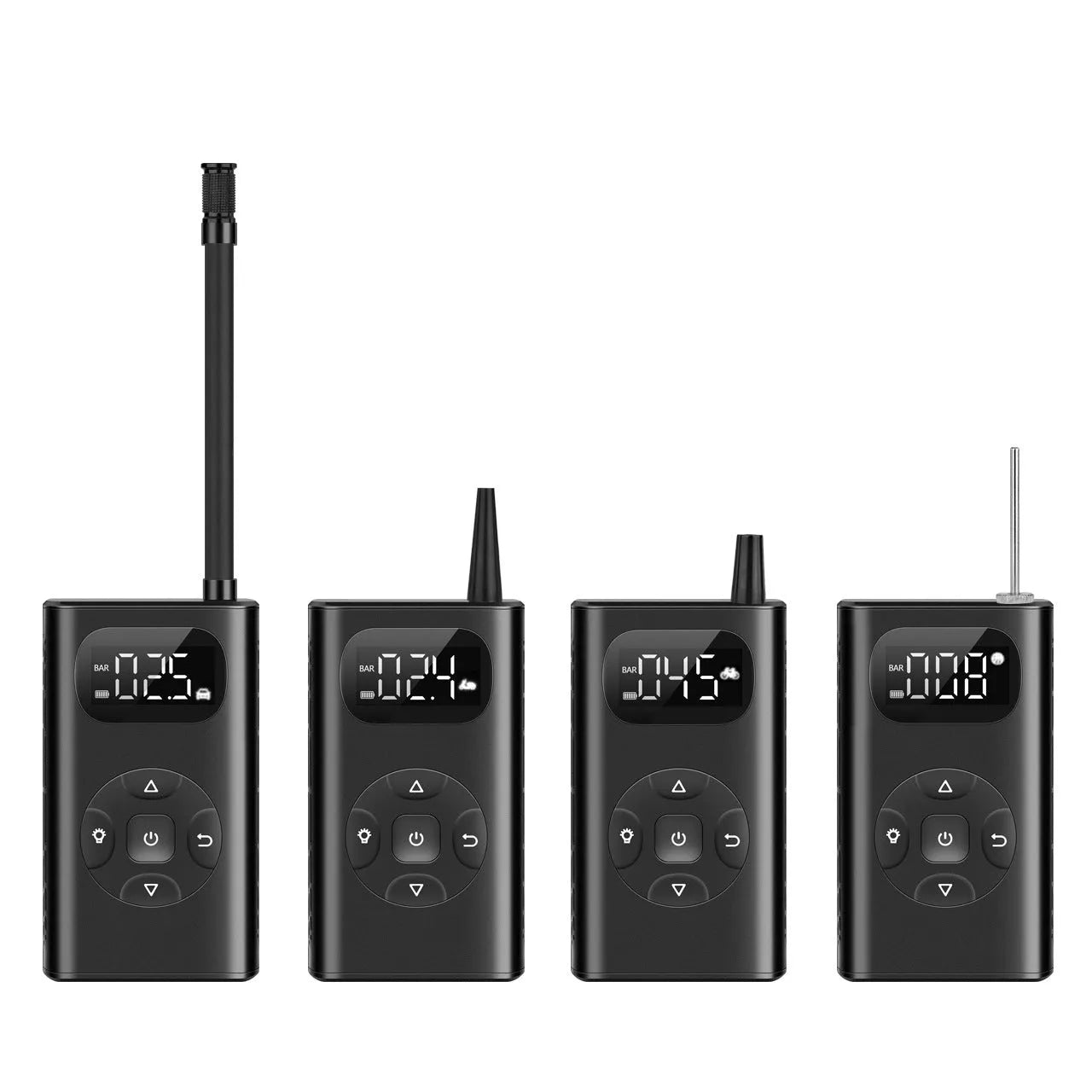 Black M09X portable power bank tyre inflator with digital display and 16cm air hose on a dark background.