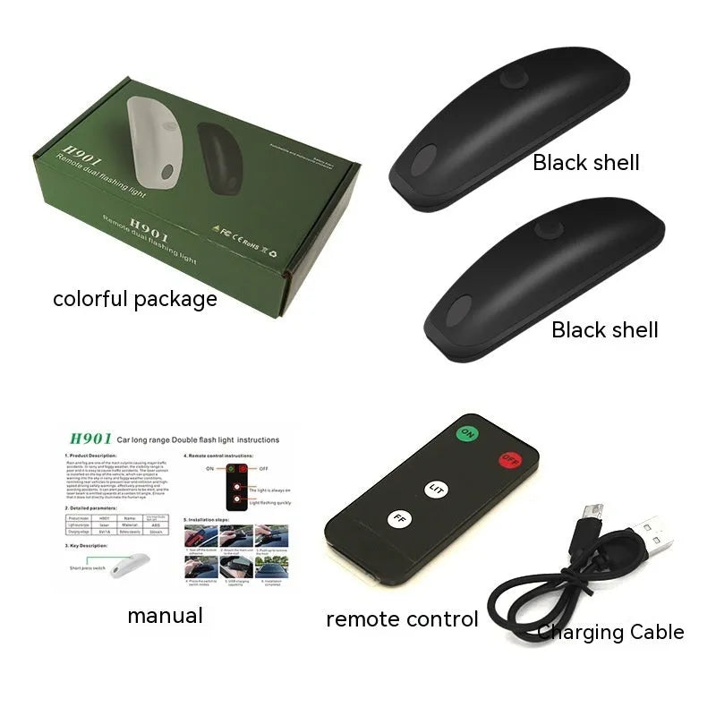 Black car strobe light with remote control showing 14cm length and USB charging cable