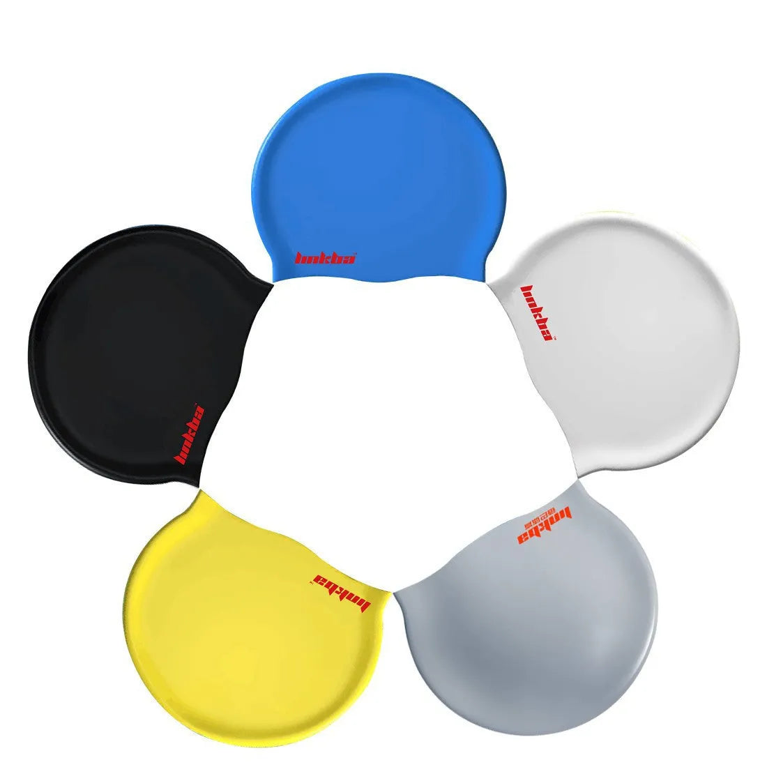 Silicone swimming cap with waterproof earmuffs and a letter pattern, shown in five colour options.