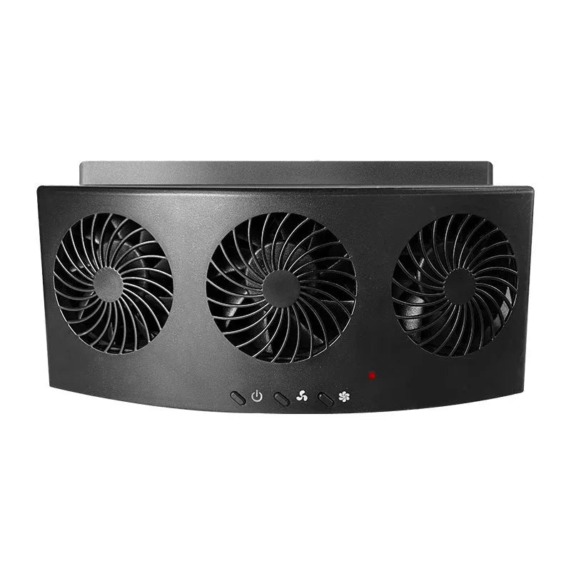 Black and white USB car ventilation fan with 1.5m cable on a car dashboard.