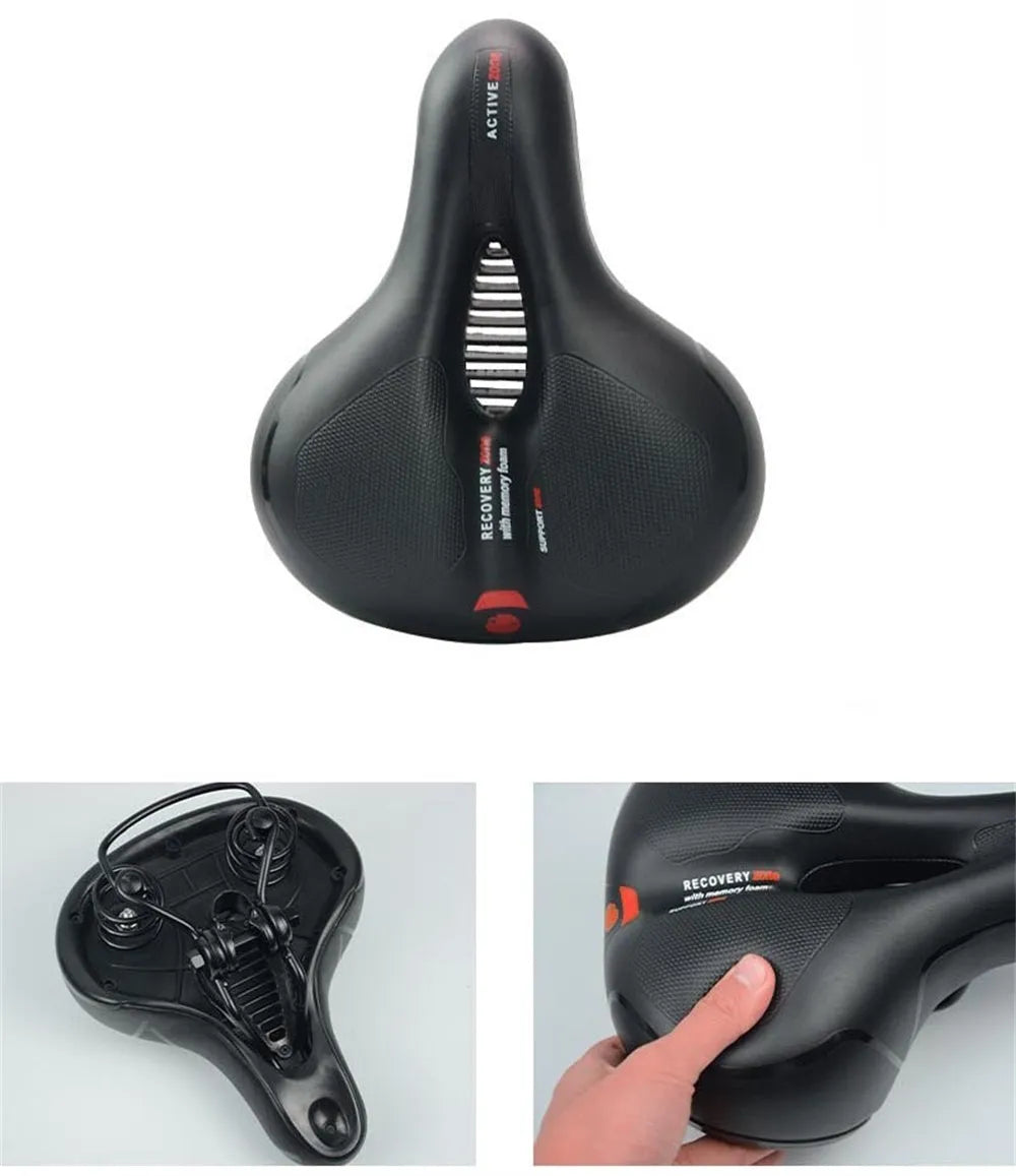 Bicycle saddle cushion with silicone padding and waterproof cover alongside wrench and patch kit