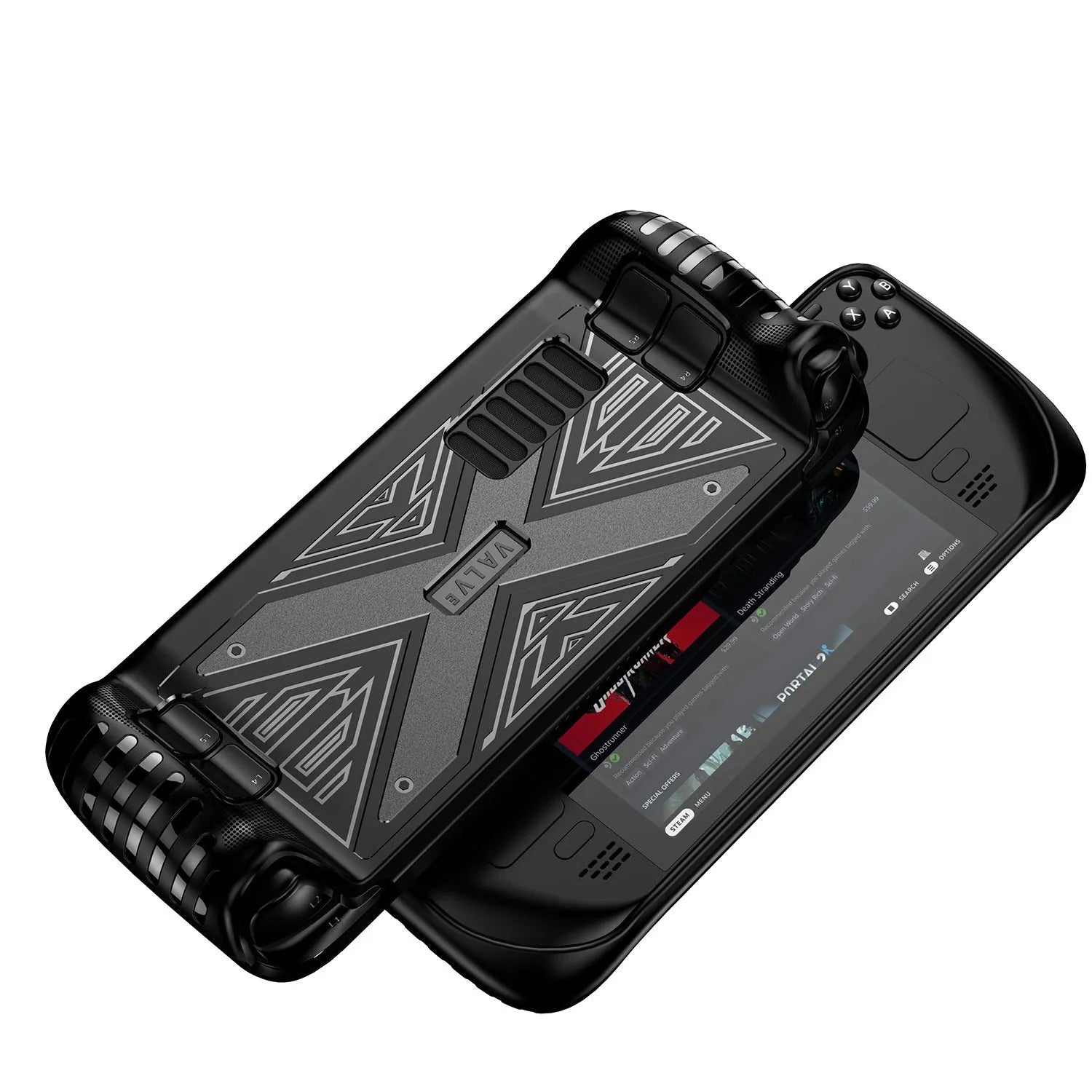 Steam Deck silicone protective case in red, blue, and black colour options showing flexible TPU construction