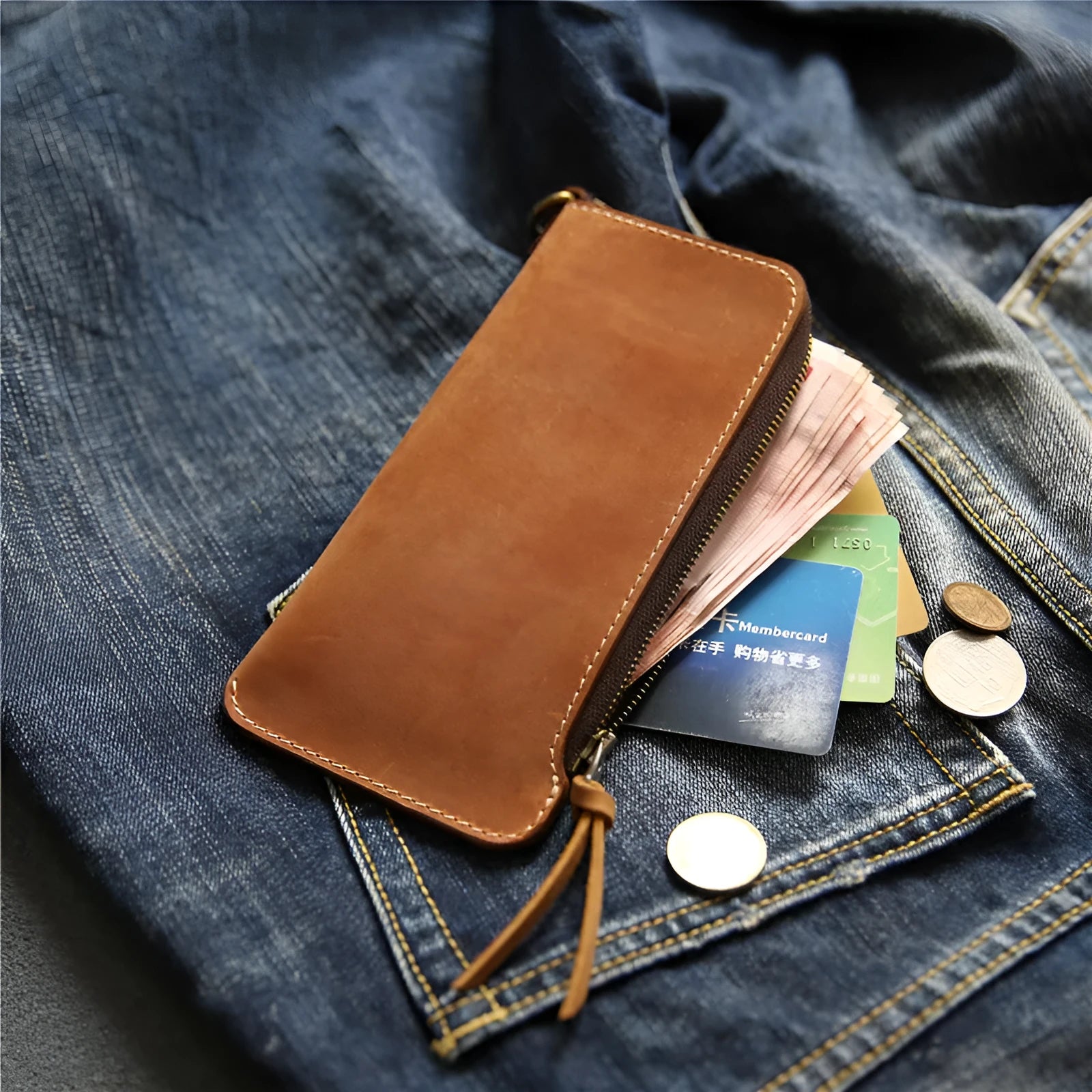 Genuine leather zipper wallet in dark brown Crazy Horse finish, top layer cowhide lining, 18 cm length