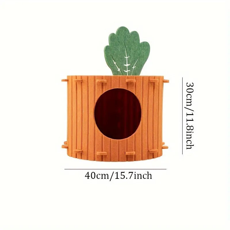 Carrot-shaped grey felt cat nest tunnel for cats, showing semi-enclosed design and drilled holes.