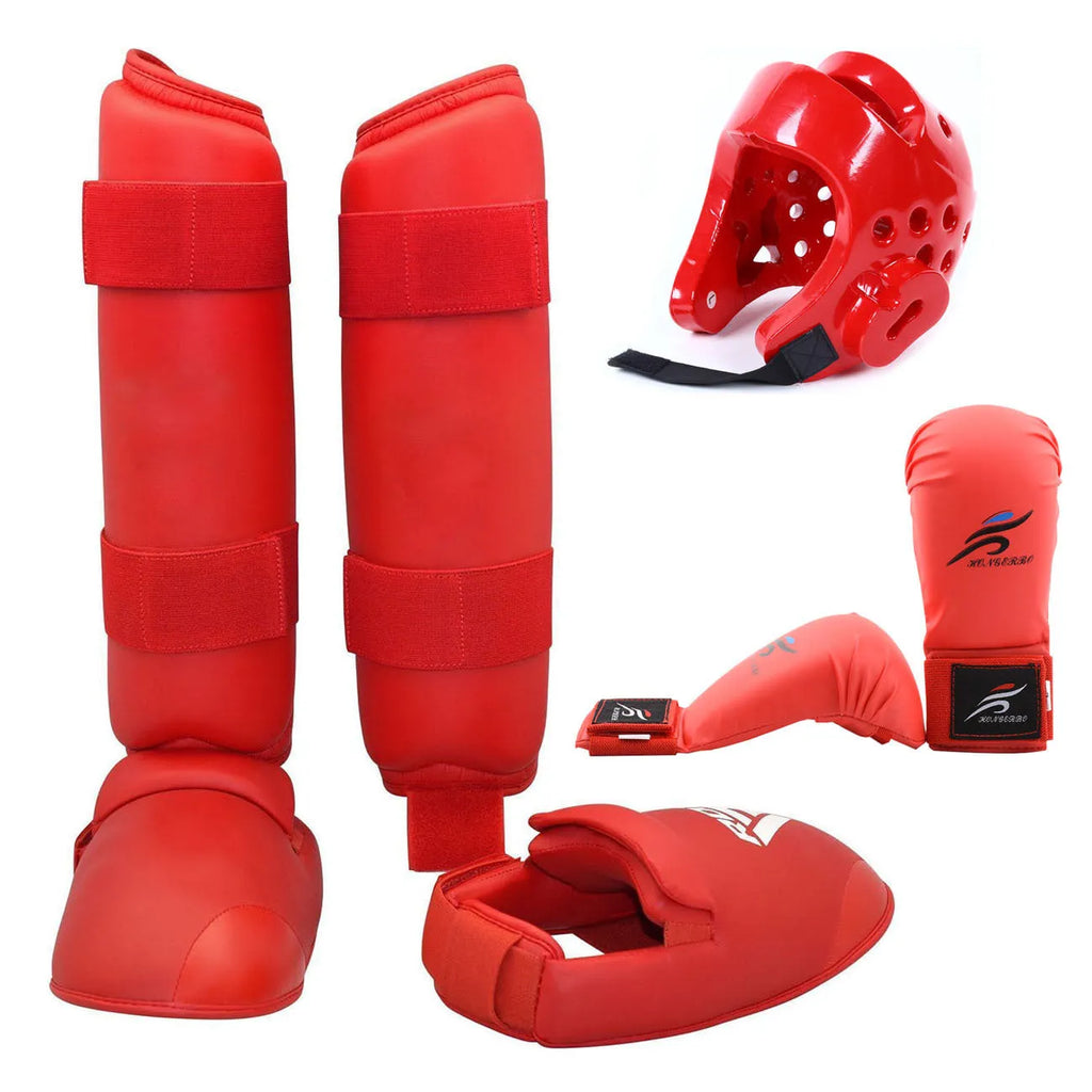 Karate protective gear set showing red helmet, boxing gloves and leg guard for martial arts training