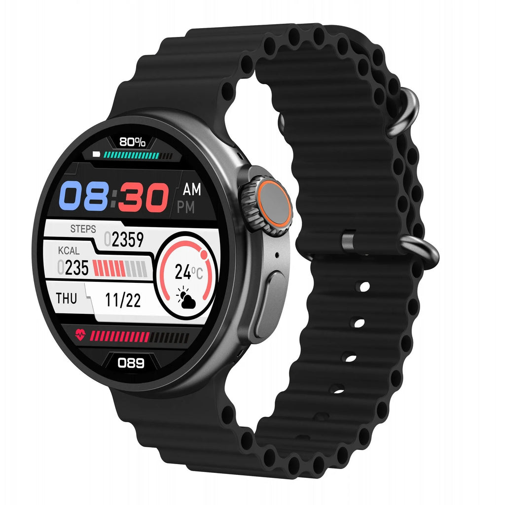 K9 smart watch with black silicone strap and round screen displaying fitness stats.