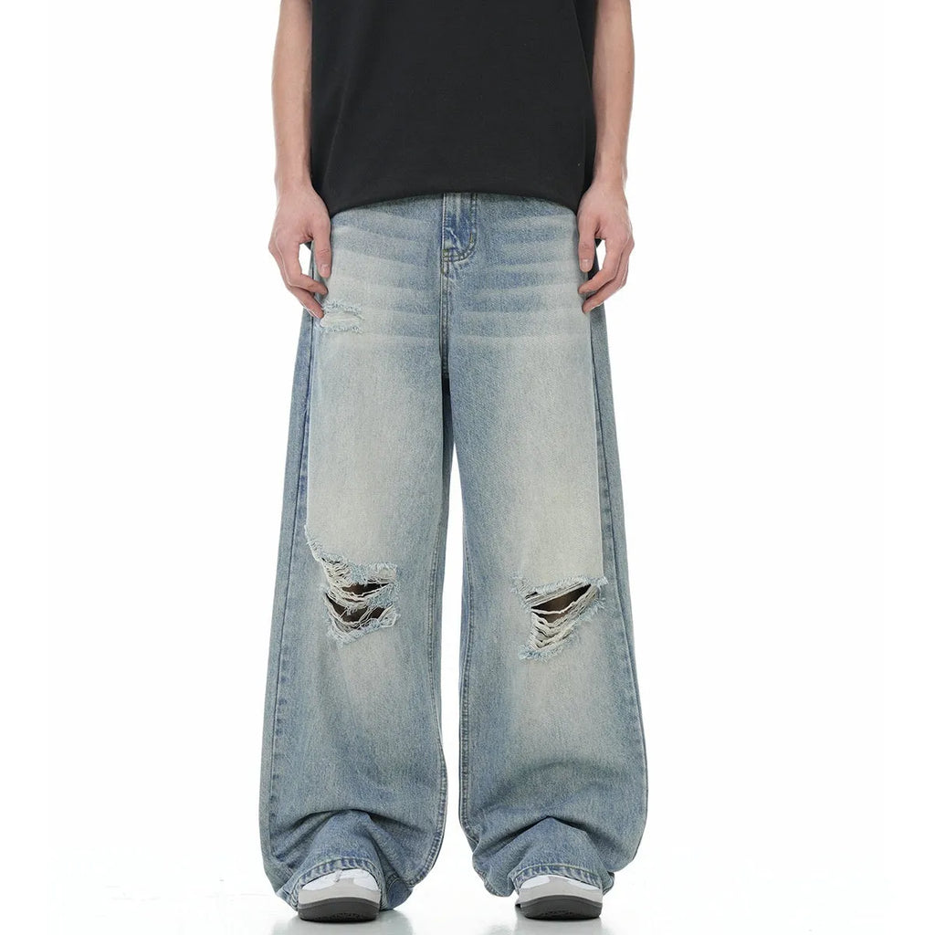 Men's blue straight-leg jeans with retro styling and zipper fly