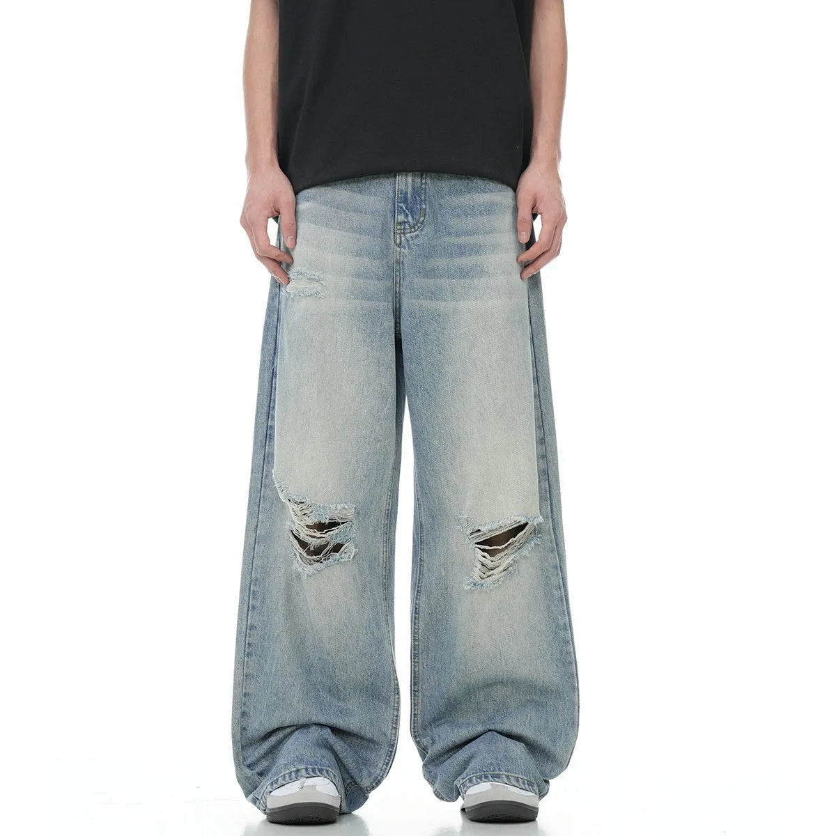 Men's blue straight-leg jeans with retro styling and zipper fly