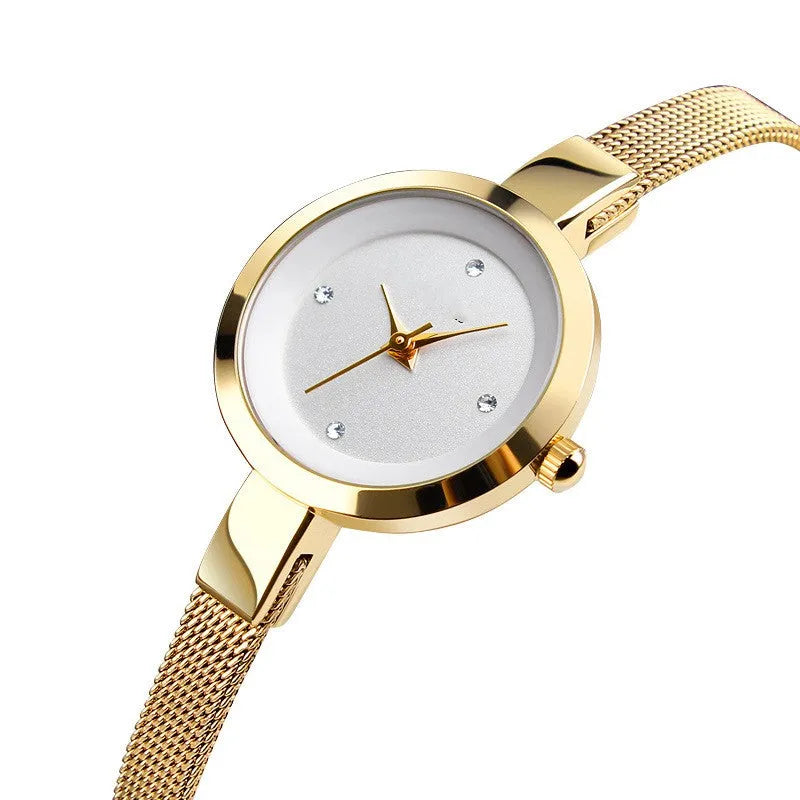 Korean women's slim watch with round dial and stainless steel buckle in rose gold colour