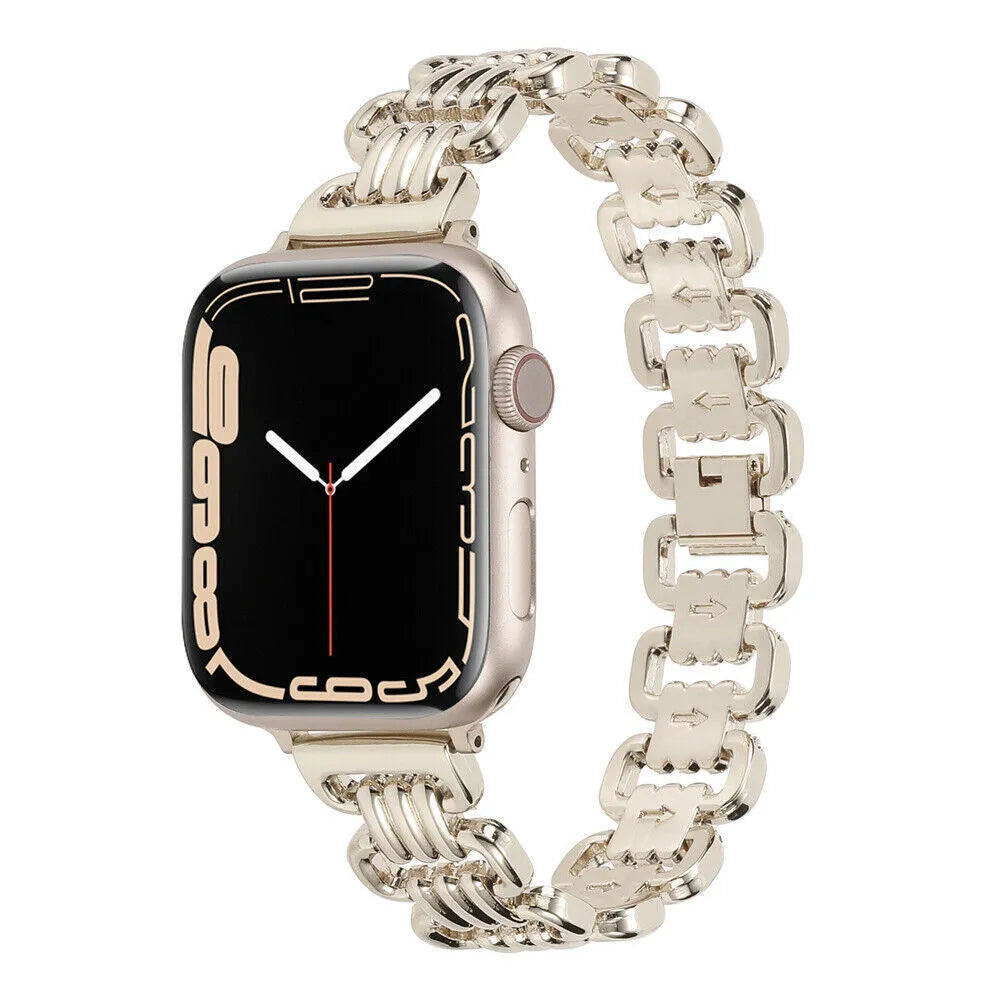 Silver alloy metal bracelet for an Apple watch on a wrist, showing the connector and band detail.