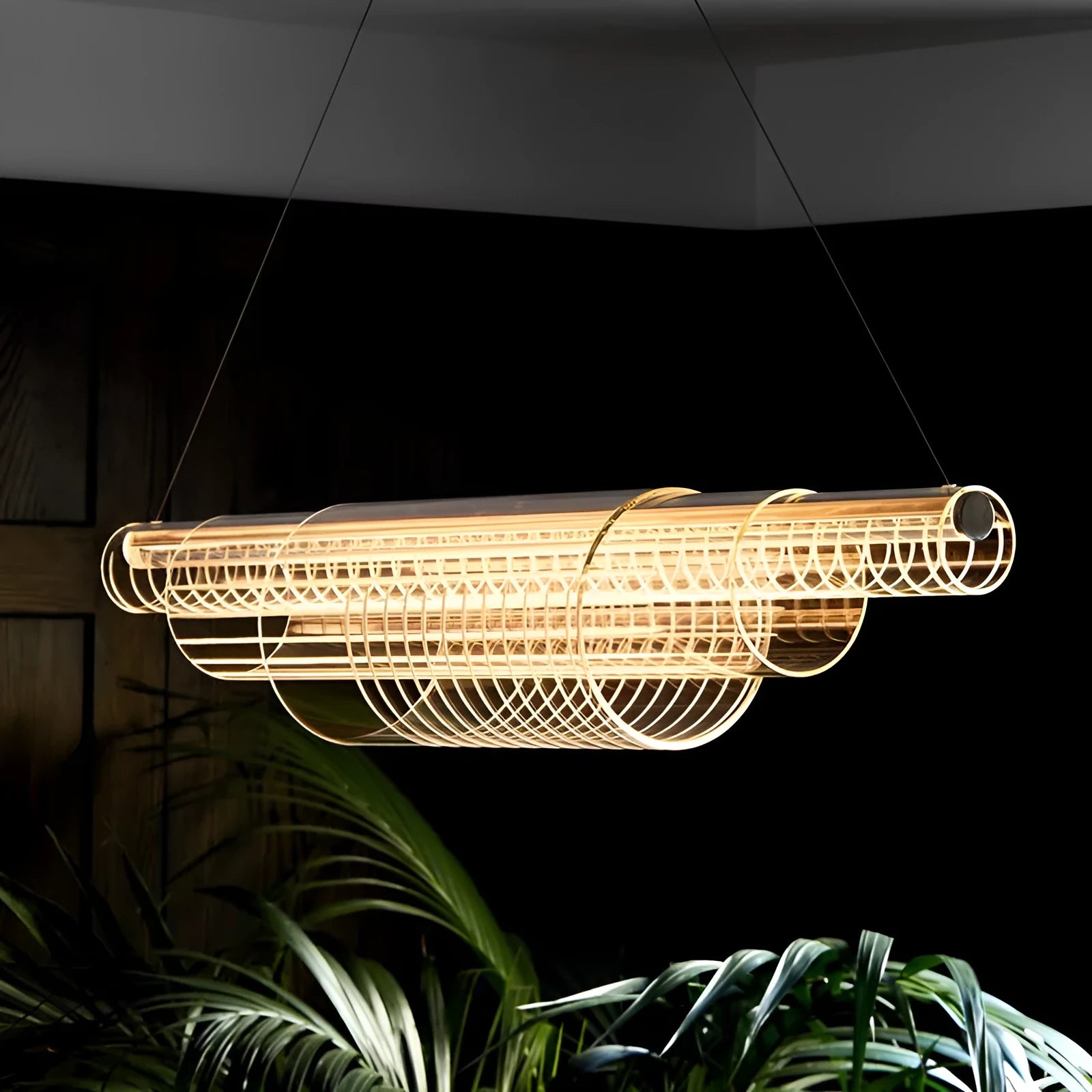 Modern glass pendant lamp with iron fittings and LED lighting for restaurants