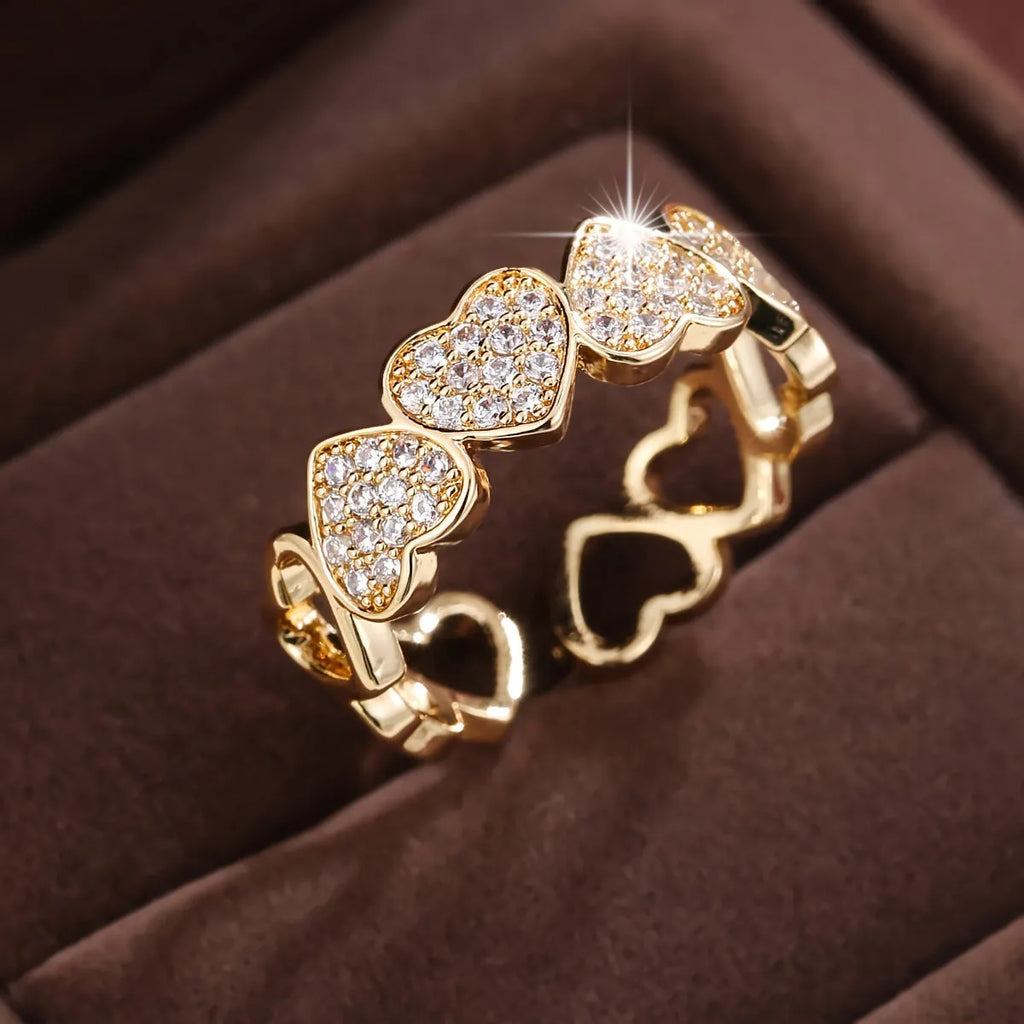 Adjustable opening copper couples ring with geometric heart design in gold or silver finish