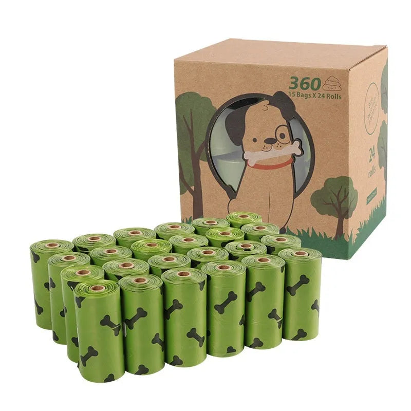Military green degradable dog poop bags with black bone print pattern, showing roll configuration