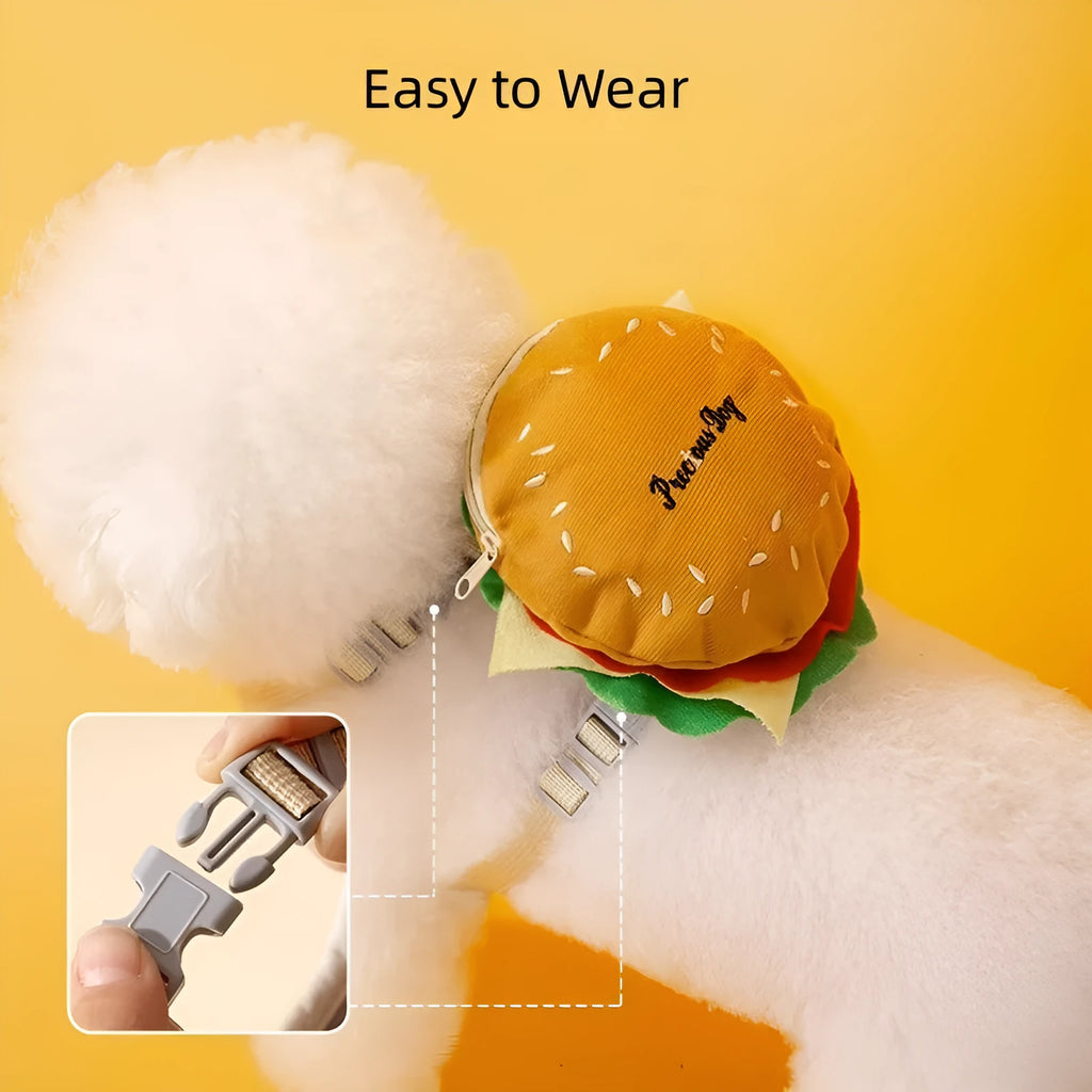 Cartoon hamburger design adjustable escape-proof vest and leash set for cats and dogs on a grey background.