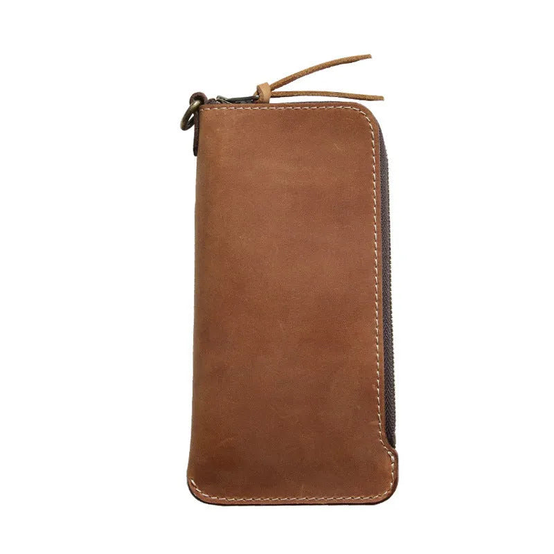 Genuine leather zipper wallet in dark brown Crazy Horse finish, top layer cowhide lining, 18 cm length