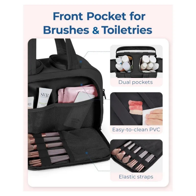 Large travel toiletry bag with wide open top showing interior capacity