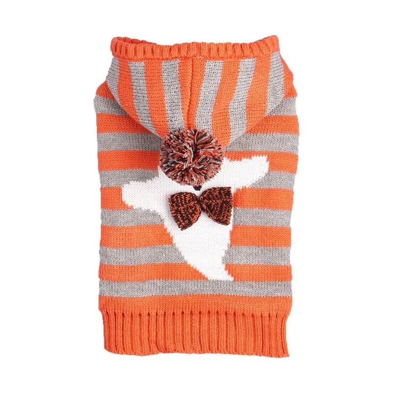 Orange striped hooded pet sweater with fur ball trim on a mannequin, sizes XS to L.