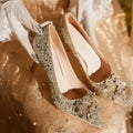 Champagne coloured pointed-toe wedding heels with rhinestone flower pattern, shown with different heel height options.