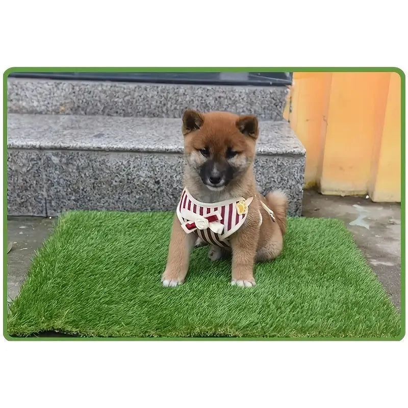 Artificial grass dog toilet training mat with drainage holes and rubber backing in three size options.