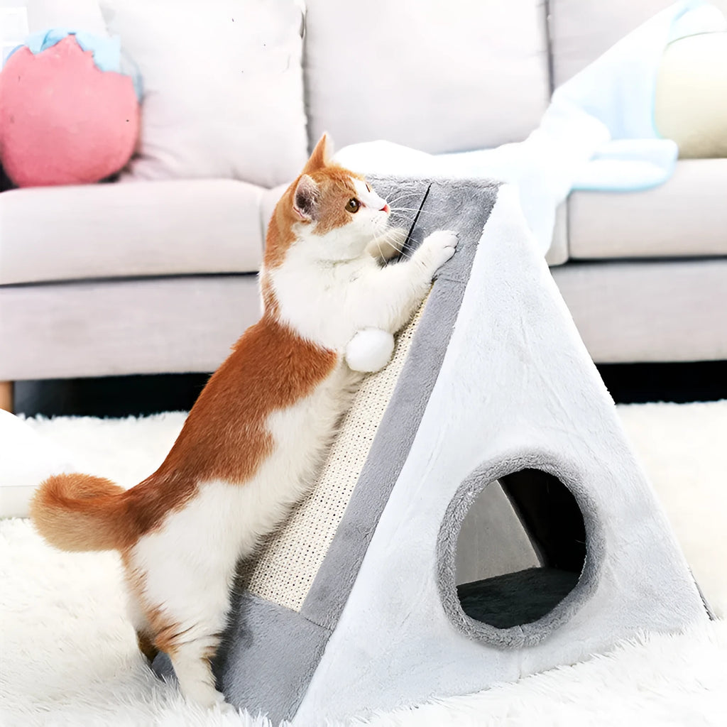 Triangle-shaped cat bed with integrated sisal scratching surface in grey white colour