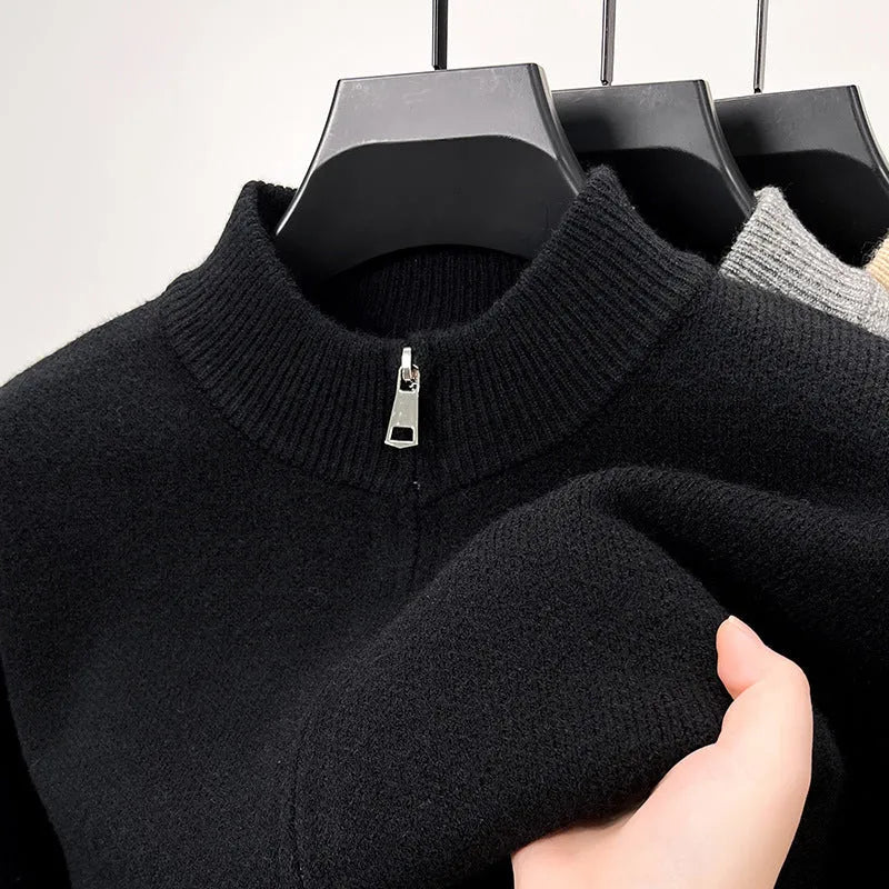 Men's grey stand collar knitted zip cardigan in a loose, thickened fit.