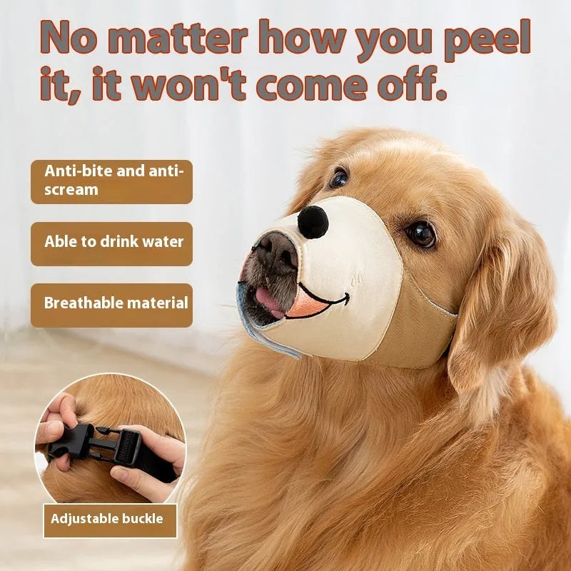 Canvas dog muzzle anti-bite cover shown in Ollie Brown Bear and Bondi Blue Shark colours with weight-based sizing