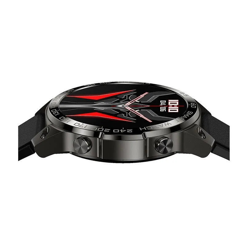 Black Bluetooth smartwatch with round AMOLED screen displaying time, on a silicone strap.