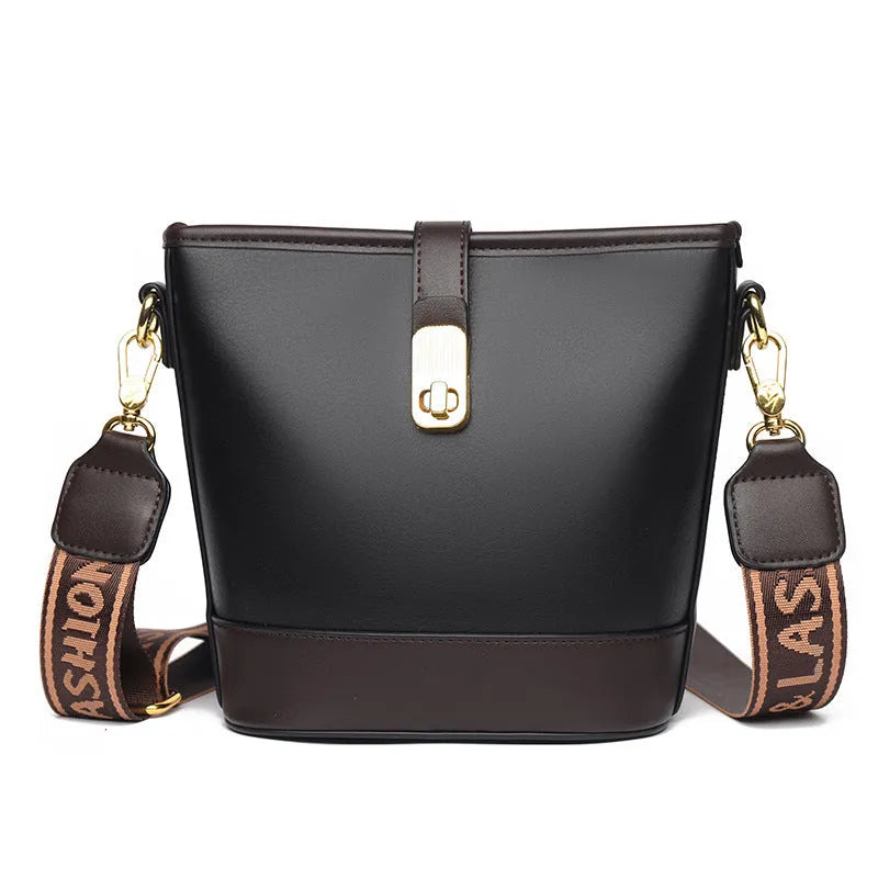 Korean style soft PU leather bucket bag in black with double shoulder straps and external sandwich pocket
