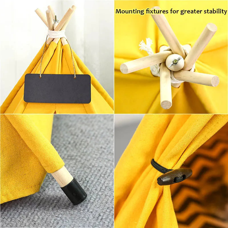 White and yellow striped flax linen pet teepee bed with cushion for small dog or cat.