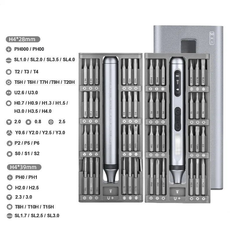 Precision electric screwdriver with aluminium alloy handle shown beside its charging cable and bits.