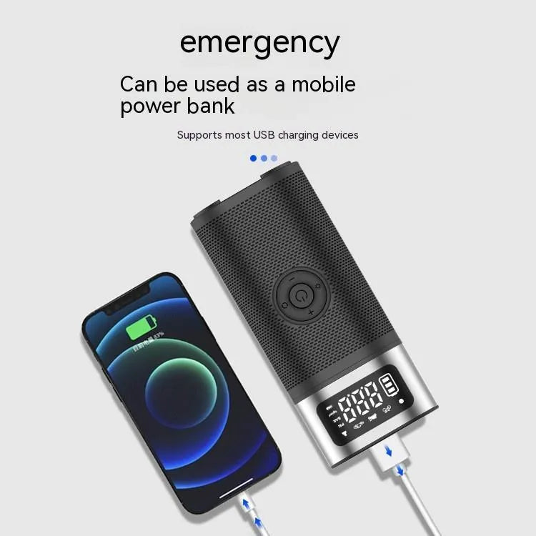 Black portable wireless air pump with USB charging cable and multiple nozzles including bicycle, swimming circle and ball attachments