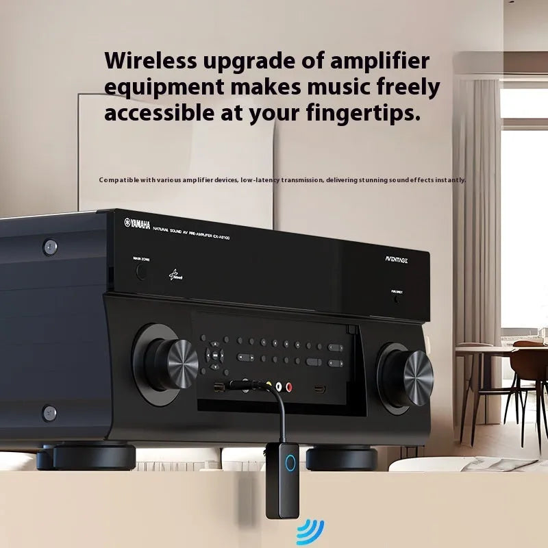 Black Bluetooth 5.4 audio adapter with 3.5mm plug for wireless connection to car stereos and speakers