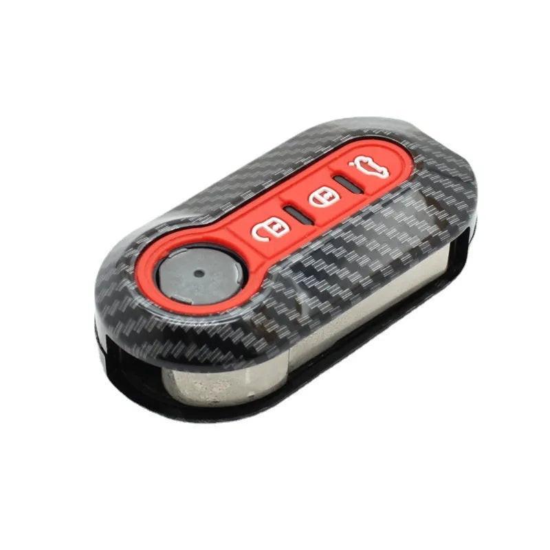 Fiat 500 car key replacement case in black, red, and dark blue colours showing carbon fibre pattern