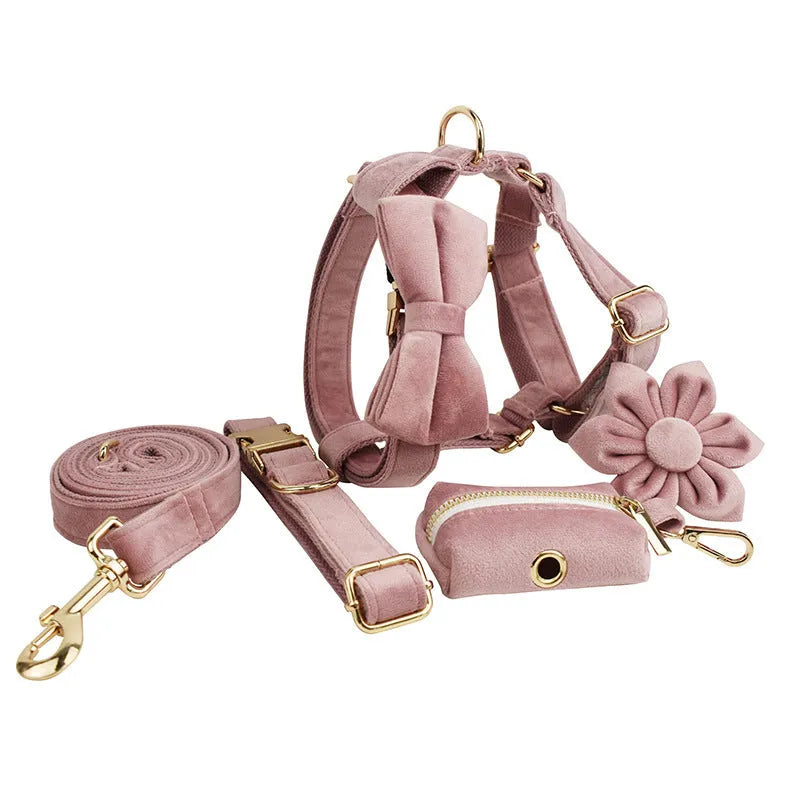 Light purple pink velvet dog collar pet accessories set with multiple style options