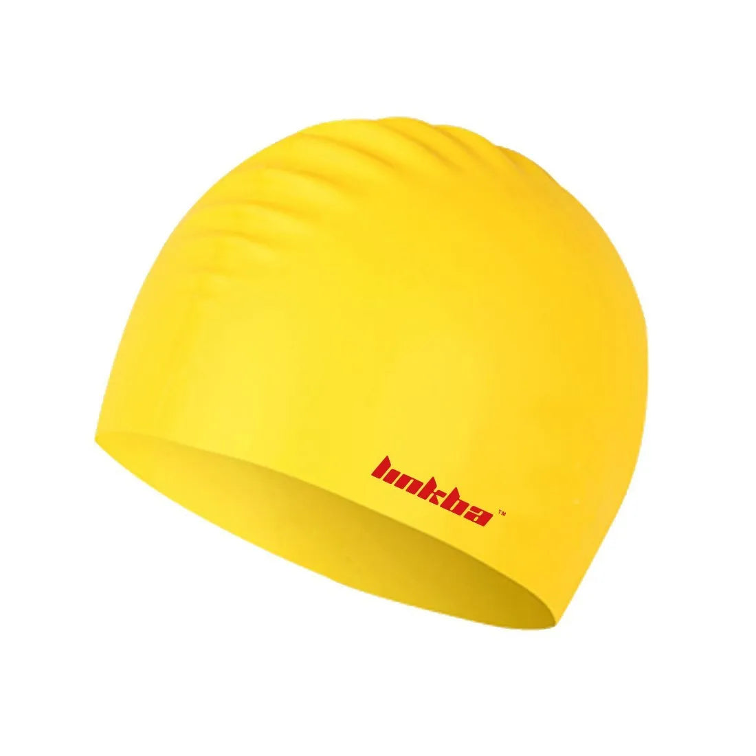 Silicone swimming cap with waterproof earmuffs and a letter pattern, shown in five colour options.