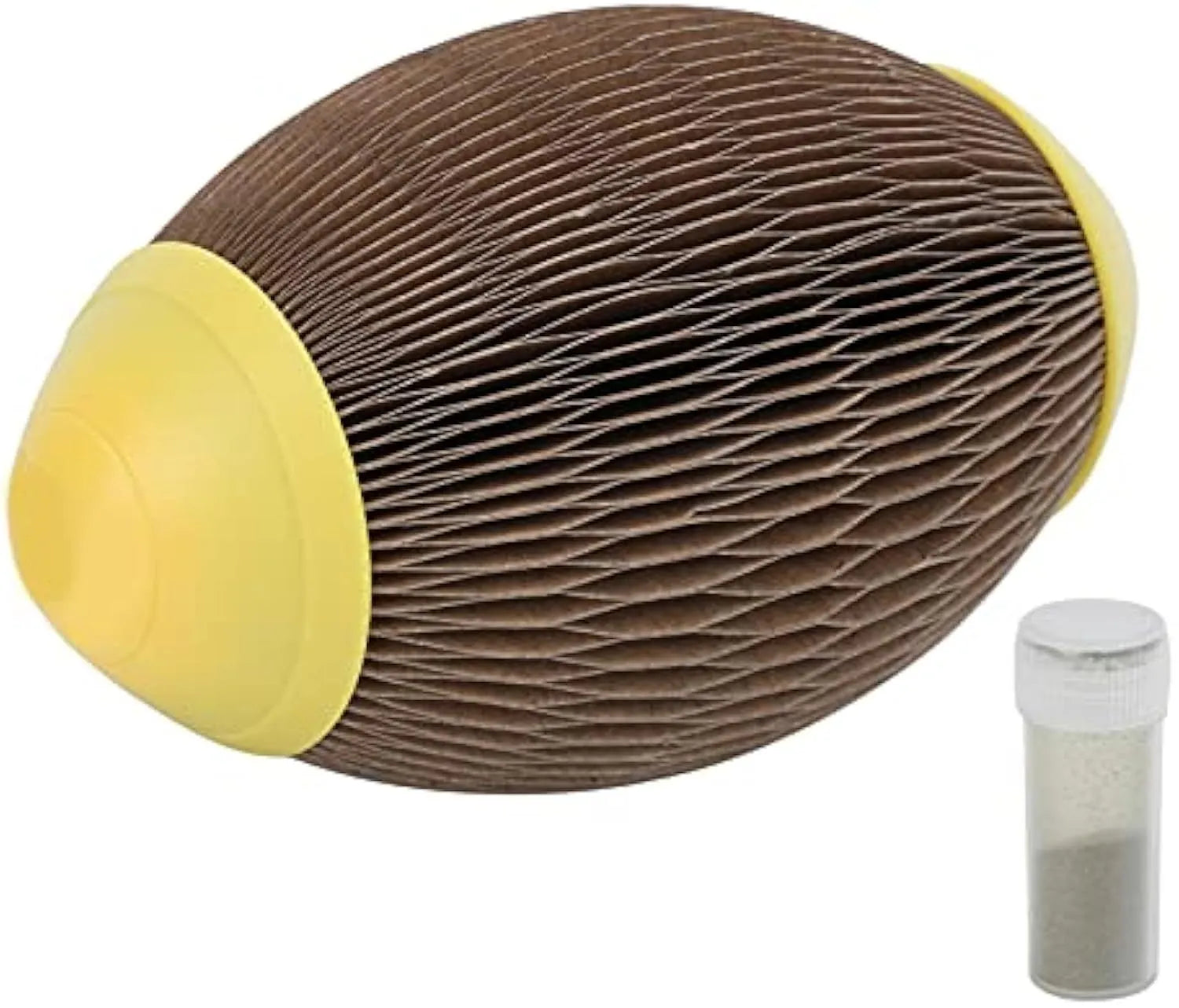 Ellipse-shaped corrugated paper catnip ball toy for cats on a neutral background