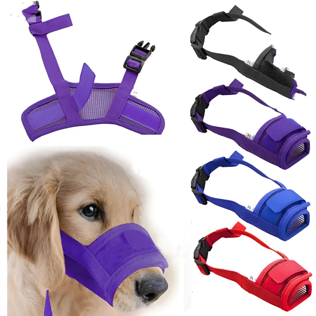 Plastic dog safety muzzle in five colours with adjustable sizing for mouth circles 12-34cm