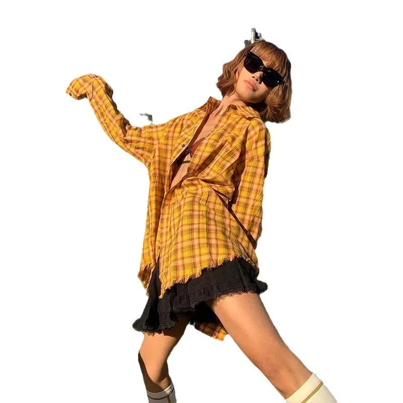 Dopamine yellow plaid shirt with original American design in loose fit cardigan style