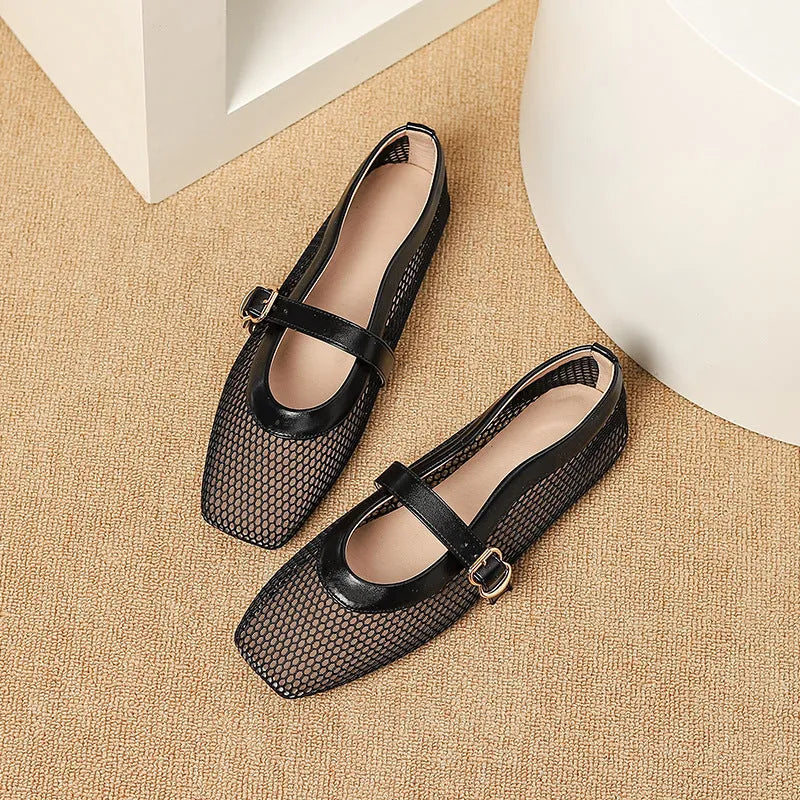 Women's low-heel summer pump in mesh with buckle fastening and square toe, shown in a neutral colour.