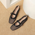Women's low-heel summer pump in mesh with buckle fastening and square toe, shown in a neutral colour.