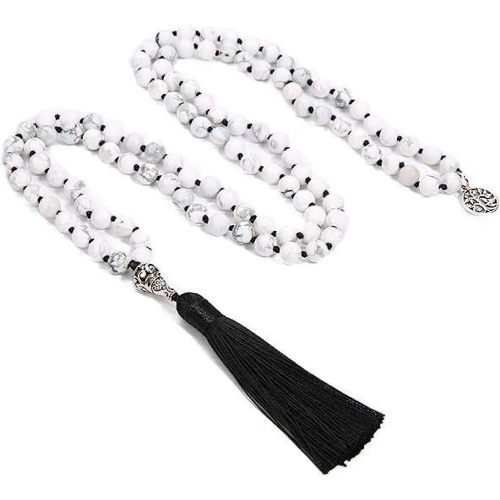 Handmade knotted beaded necklace with 8mm stone beads showing natural colour variations