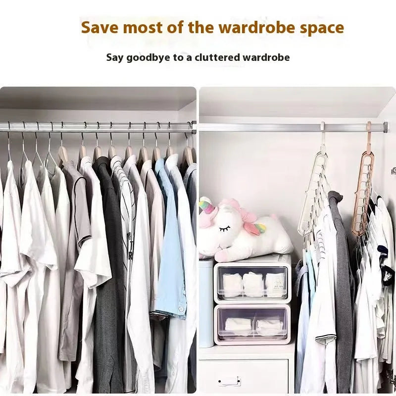 Plastic multifunctional hanger with nine holes for folding trousers, shown in a choice of colours