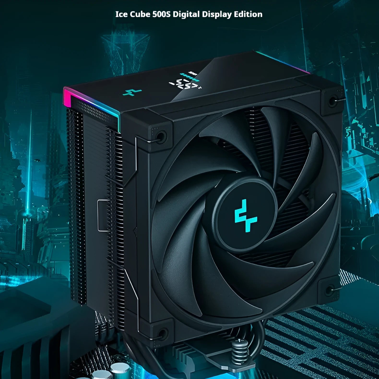 Black twin tower CPU air cooler heatsink with digital display and copper aluminium construction